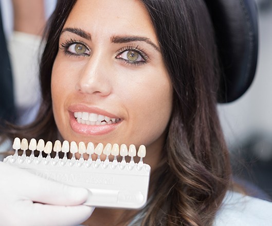 Woman's smile compared with porcelain veneer shade chart