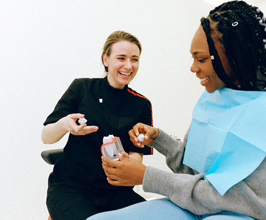 Woman during consultation for full mouth reconstruction.