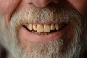 Close-up of man with yellow teeth.